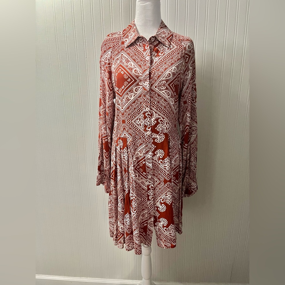 Chic Rust and White Paisley Long Sleeve Dress
